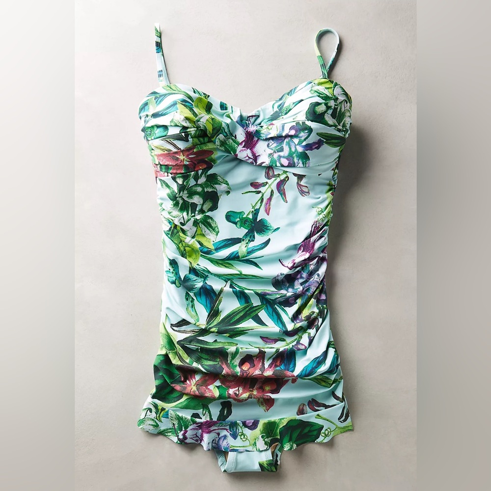 Anthropologie Mermaid cinched side twist front floral skirted one piece swimsuit